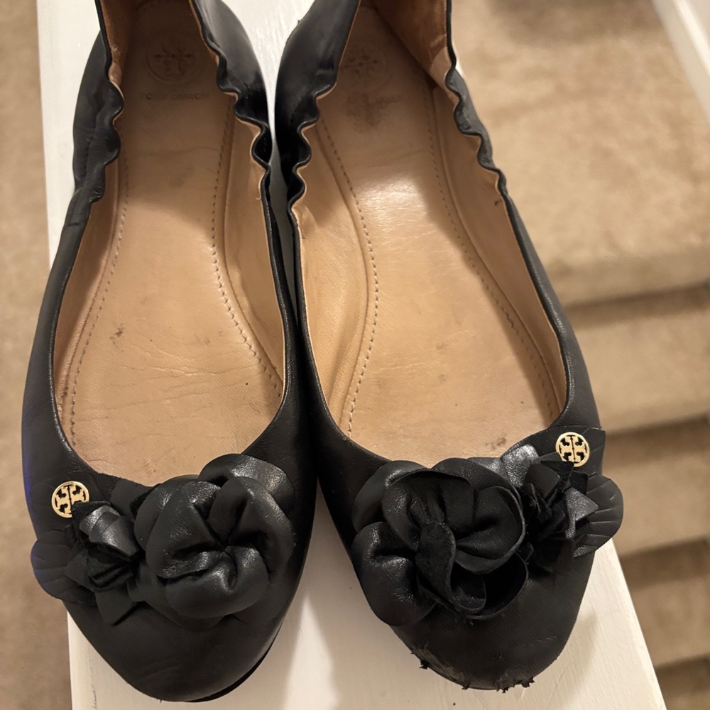 Tory Burch Black Flats with Floral Detail